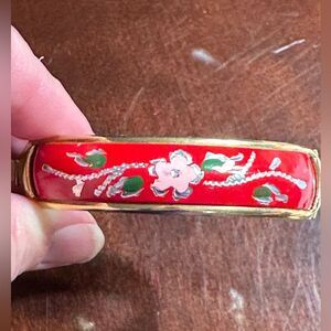 Vintage Red Pink Flower Enamel Hinged Bangle Bracelet with safety chain